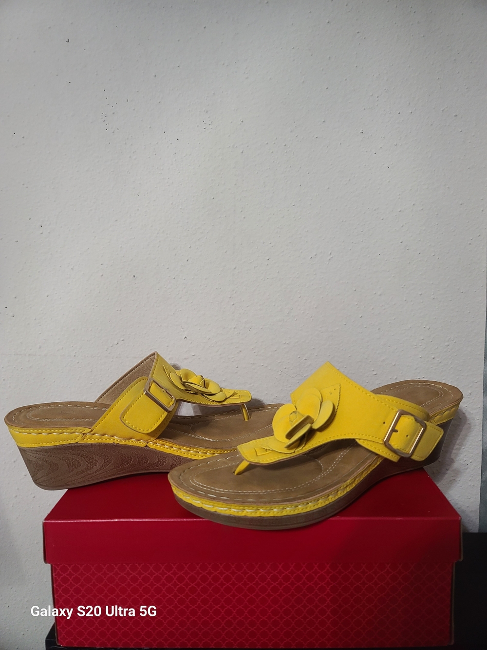Women's Yellow Wedge Thong Sandals with Buckle Accent